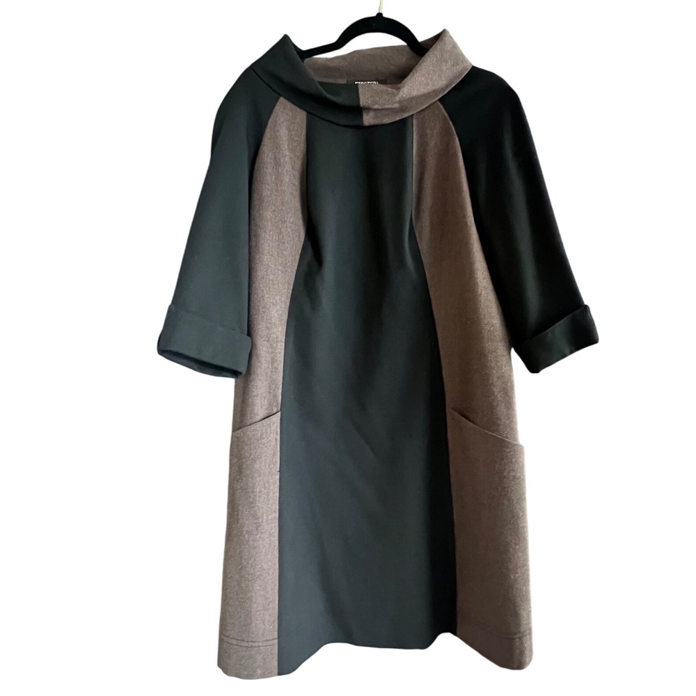 Etcetera Wool-like Colorblock Funnel Neck 3/4‎ Sleeve Pocket Dress - Size 8